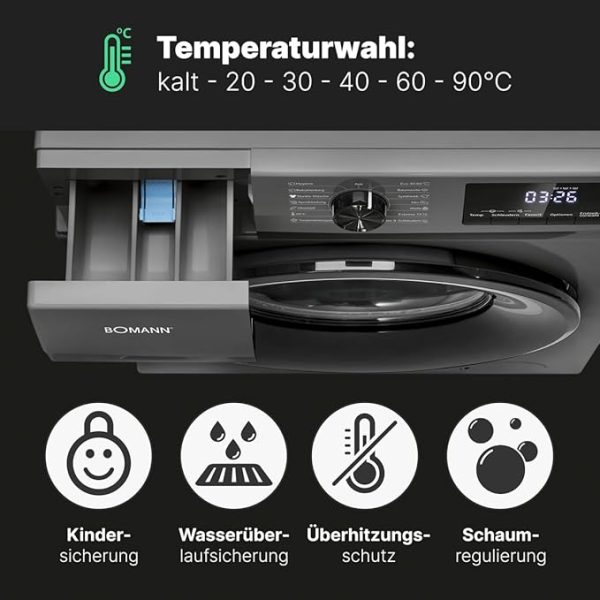 Bomann Waschmaschine 7kg | max. 1400 U/min | 10 Jahre Motor-Garantie | effizienter, leiser & langlebiger Invertermotor | 15 Programme | Endzeitvorwahl | Washing Machine WA 7175 titan - schwarz [Energieklasse A] – Bild 5