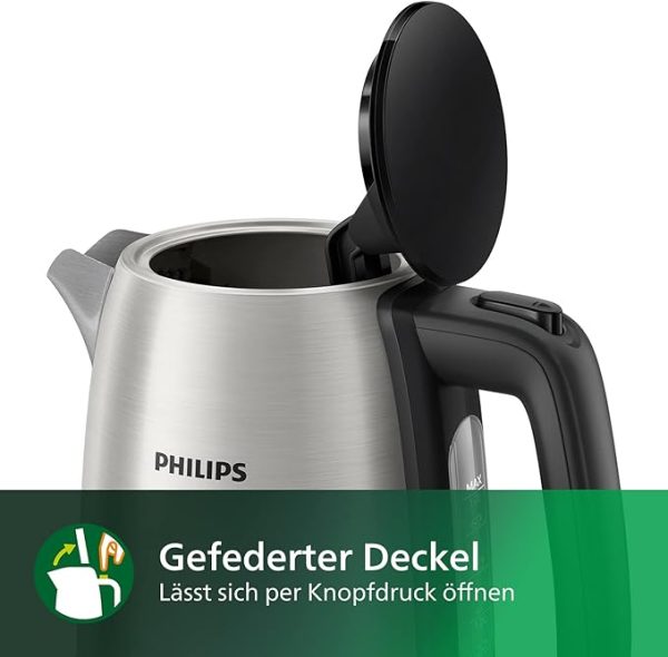 Philips Daily Collection Metall Wasserkocher – 1,7L, Leuchtanzeige, 360°-Basis, Mikro-Sieb-Filter, Flaches Heizelement, Sprungdeckel, Energiesparend, Sicheres Design, Schnelles Aufkochen (HD9350/90) – Bild 4