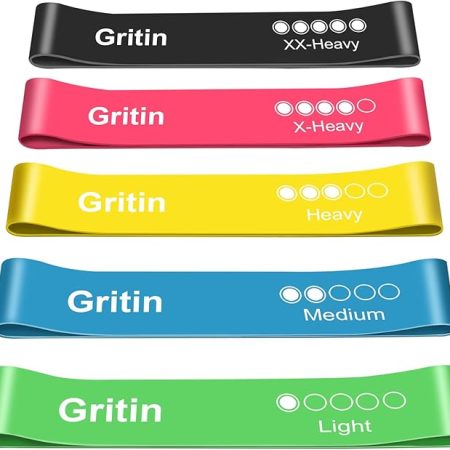 Gritin Fitnessbänder Widerstandsbänder mit 5 Stufen, Latex Fitnessband Resistance mit Deutscher Übungsanleitung & Tragebeutel, Gymnastikband für Muskelaufbau, Yoga - 5er Set