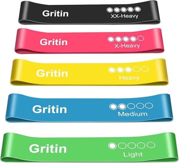 Gritin Fitnessbänder Widerstandsbänder mit 5 Stufen, Latex Fitnessband Resistance mit Deutscher Übungsanleitung & Tragebeutel, Gymnastikband für Muskelaufbau, Yoga - 5er Set