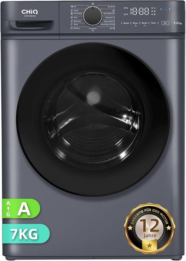 CHiQ Waschmaschine 7kg, InverterMotor, EEK A| 60x46,5x84cm, Große Tür| Eco, Speed Wash, Auto Clean, Kindersicherung|1200 U/Min, Washer Grau, CW07123863AX [Energieklasse A]