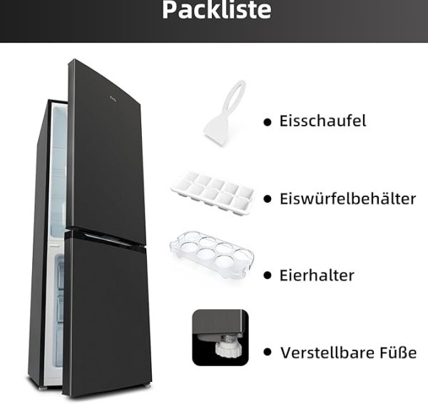 CHIQ CBM260LC Kühl/Gefrie Kombination 262L (187L Kühlbereich+75L XXL Gefrierfach) |87 kWh/Jahr, EEK C, Edelstahloptik, 39dB(A) |Wechselbartür, 4-Sterne Gefrierleistung, Schwarz [Energieklasse C] – Bild 2