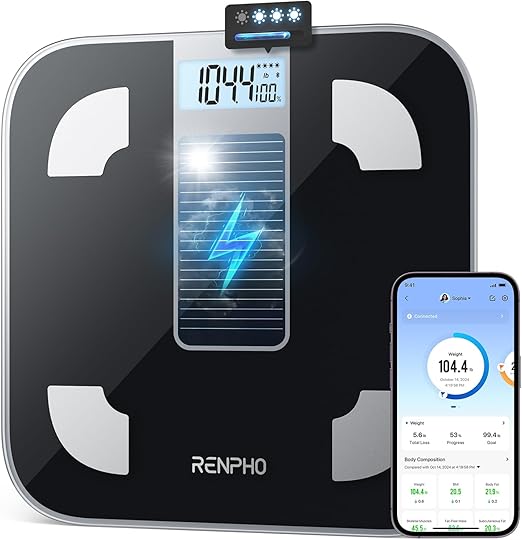 RENPHO Personenwaage Digital, Ohne Batterie, Solarbetriebene Waage, Unbegrenzte Energie, Körperfettwaage mit Smart App, Waage Personen mit 50g Genauigkeit, 180kg, Elis Solar 1