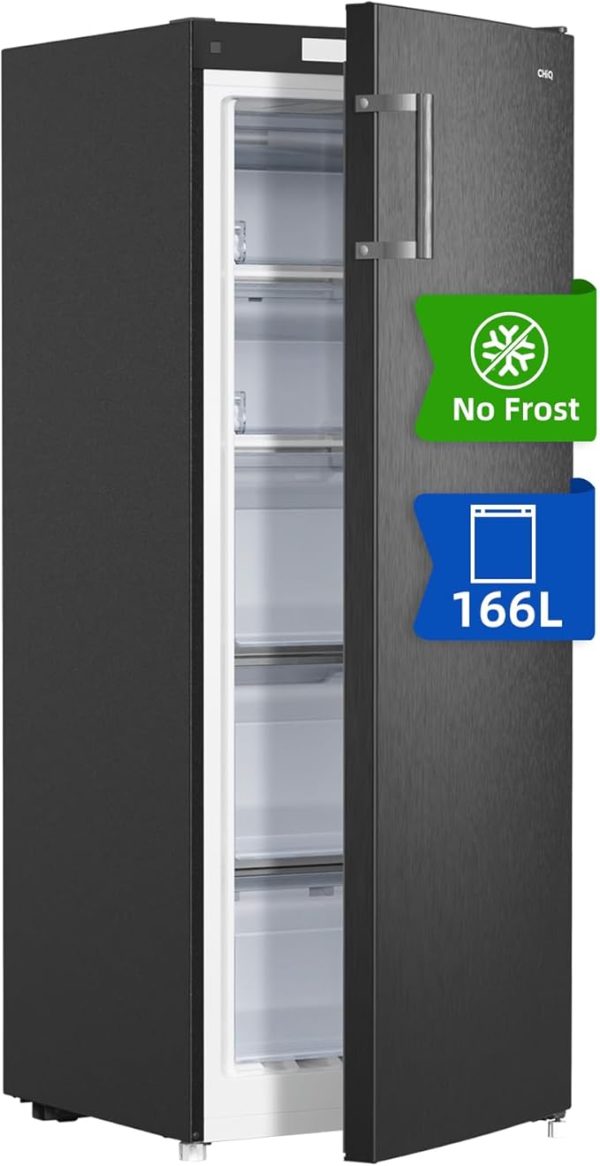 CHiQ FSD166NE4E Gefrierschrank 166 L, No Frost Technologie, Wechselbarer Türanschlag, Schwarzer Edelstahl, 144cm Höhe [Energieklasse E]