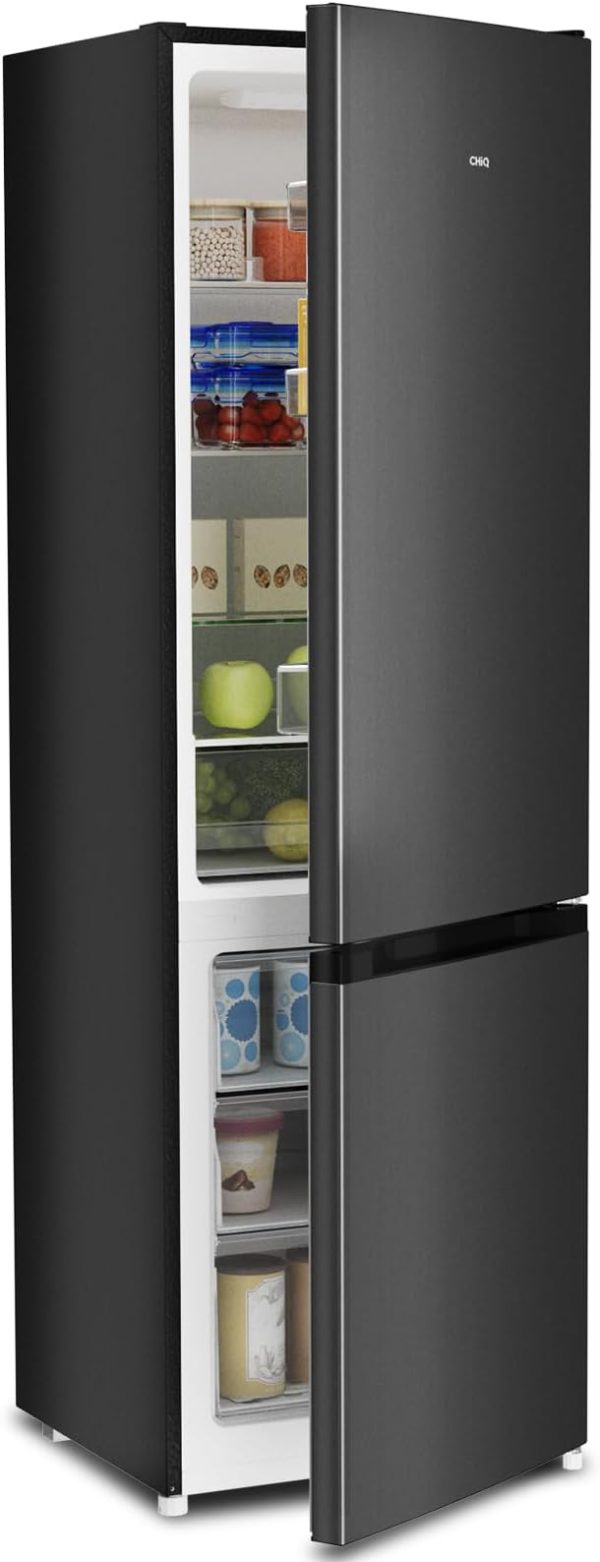 CHIQ CBM260LC Kühl/Gefrie Kombination 262L (187L Kühlbereich+75L XXL Gefrierfach) |87 kWh/Jahr, EEK C, Edelstahloptik, 39dB(A) |Wechselbartür, 4-Sterne Gefrierleistung, Schwarz [Energieklasse C]