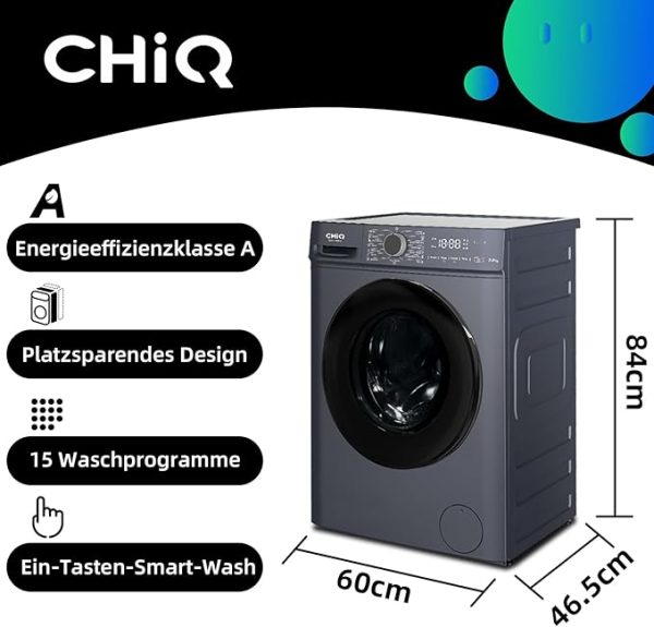 CHiQ Waschmaschine 7kg, InverterMotor, EEK A| 60x46,5x84cm, Große Tür| Eco, Speed Wash, Auto Clean, Kindersicherung|1200 U/Min, Washer Grau, CW07123863AX [Energieklasse A] – Bild 5