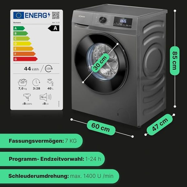 Bomann Waschmaschine 7kg | max. 1400 U/min | 10 Jahre Motor-Garantie | effizienter, leiser & langlebiger Invertermotor | 15 Programme | Endzeitvorwahl | Washing Machine WA 7175 titan - schwarz [Energieklasse A] – Bild 7