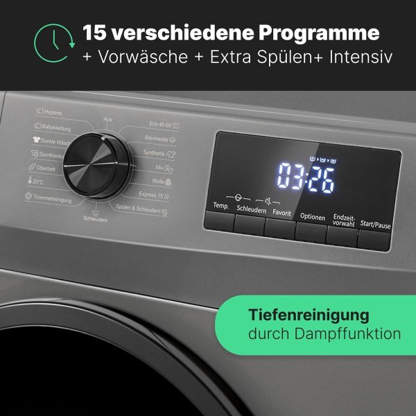 Bomann Waschmaschine 7kg | max. 1400 U/min | 10 Jahre Motor-Garantie | effizienter, leiser & langlebiger Invertermotor | 15 Programme | Endzeitvorwahl | Washing Machine WA 7175 titan - schwarz [Energieklasse A] – Bild 8