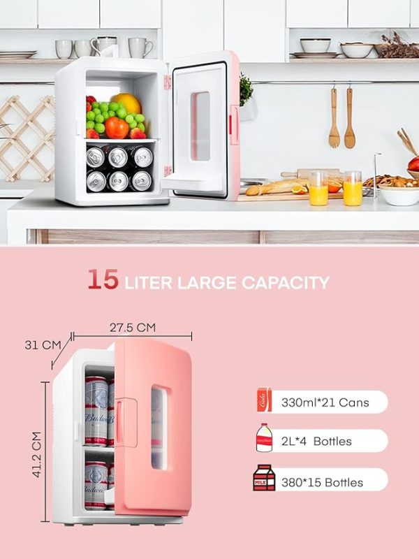 NORTHCLAN Mini Kühlschrank für Zimmer 15L, mit 220V AC/12V DC für den Auto- und Heimgebrauch, Tragbarer Kühl- und Heizkühlschrank Perfekt für Getränke, Kosmetik, Snacks, Max & Eco-Modus, Rosa [Energieklasse E] – Bild 6