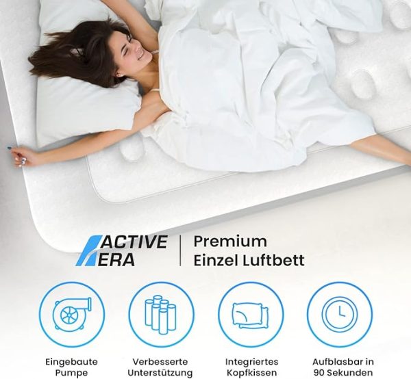 Active Era Premium Luftbett 1 Person, Luftmatratze selbstaufblasend mit eingebauter elektrischer Pumpe & integriertem Kissen, Aufblasbare Matratze für Camping & Gästebett - 99 x 187 x 53cm – Bild 5