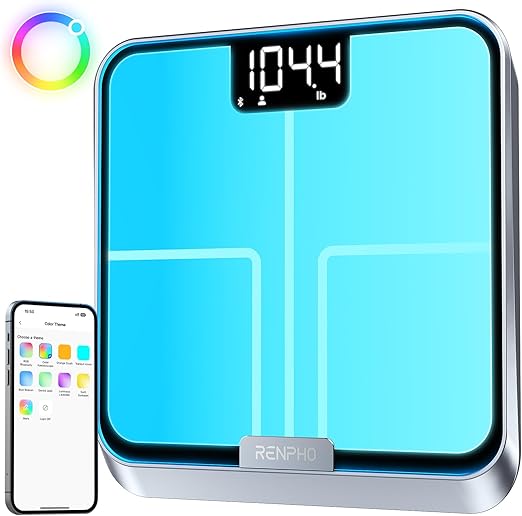RENPHO Körperfettwaage Farbenfroh, Personenwaage mit Wiegeerinnerungen, Intelligente Bluetooth Waage Personen, anpassbare Waagenfarben, wiederaufladbare Waage, ITO-Beschichtung, 180 kg, 30CM