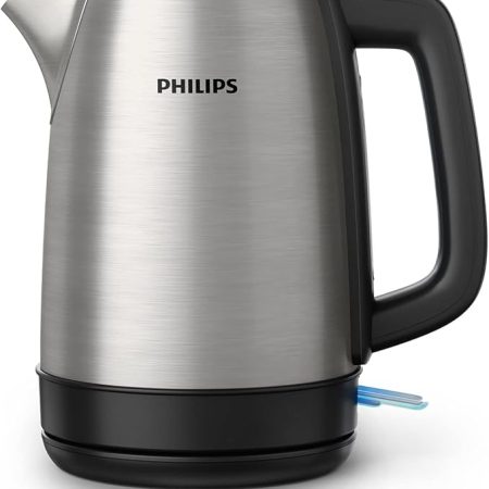 Philips Daily Collection Metall Wasserkocher – 1,7L, Leuchtanzeige, 360°-Basis, Mikro-Sieb-Filter, Flaches Heizelement, Sprungdeckel, Energiesparend, Sicheres Design, Schnelles Aufkochen (HD9350/90)