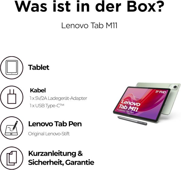 Lenovo Tab M11 Tablet | 11" WUXGA Touch Display | MediaTek Helio G88 | 4GB RAM | 128GB eMMC 5.1 | Android 14 | grün | inkl. Lenovo Tab Pen – Bild 3