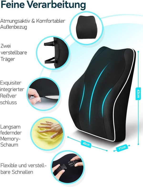 Travel Ease Ergonomisches RückenKissen aus Memory Foam, Lendenkissen für Bürostuhl, Schreibtischstuhl, mit Antistatischem, hautfreundlichem Bezug und für eine Bequeme Sitzhaltung (Schwarz) – Bild 7
