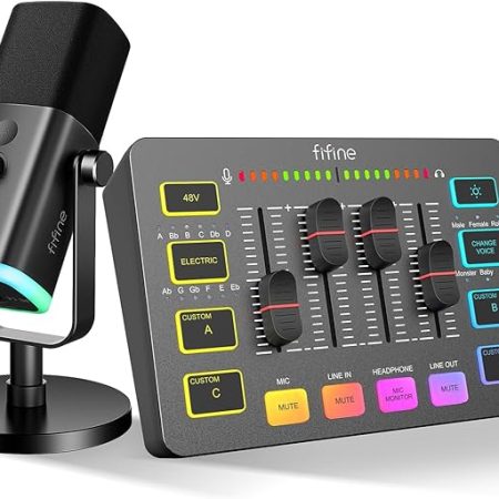 FIFINE Gaming Audio Mixer für PC, RGB Soundkarte für XLR Mikrofon, Audio Interface für Streaming Musiker, Mischpult für Gamer Creators Live YouTube, Individuelle Steuerung, Voice Changer