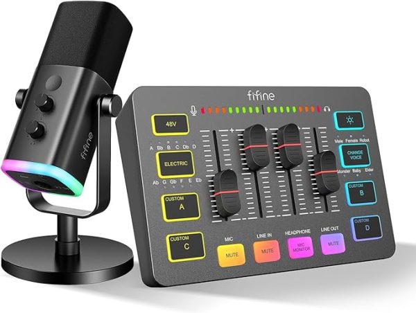 FIFINE Gaming Audio Mixer für PC, RGB Soundkarte für XLR Mikrofon, Audio Interface für Streaming Musiker, Mischpult für Gamer Creators Live YouTube, Individuelle Steuerung, Voice Changer