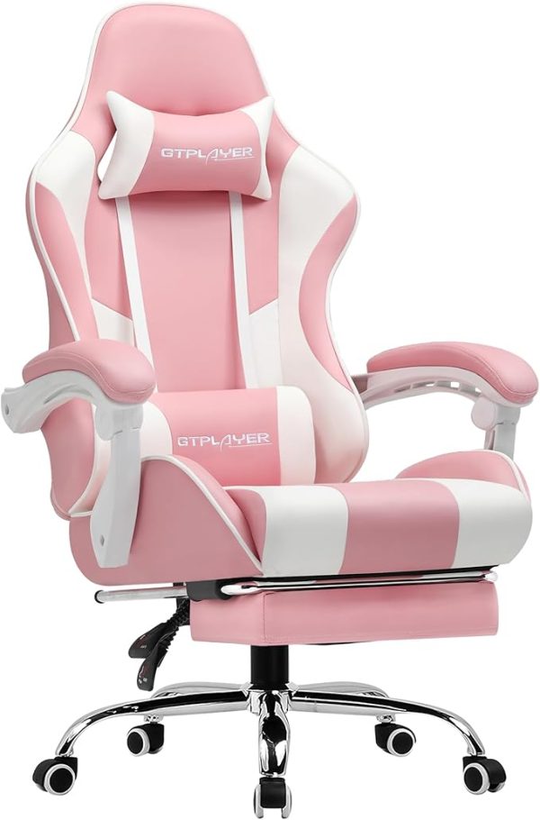 GTPLAYER Gaming Stuhl Bürostuhl Massage Gaming Sessel Ergonomischer Gamer Stuhl mit Fußstütze, Kopfstütze Massage-Lendenkissen, Gepolstert Gaming Chair, Drehsessel, weiß – Bild 2