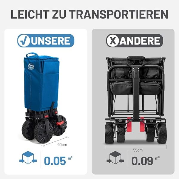 TIMBER RIDGE XXL Bollerwagen Faltbar Breite Reifen mit Bremse Strandwagen mit Seitentasche Getränkehalter Verstellbarem Griff Gartenwagen für Alle Gelände Draussen Einkaufen 100kg Belastbarkeit – Bild 5