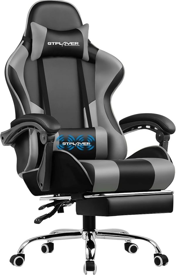 GTPLAYER Gaming Stuhl Bürostuhl Massage Gaming Sessel Ergonomischer Gamer Stuhl mit Fußstütze, Kopfstütze Massage-Lendenkissen, Gepolstert Gaming Chair, Drehsessel, weiß – Bild 6