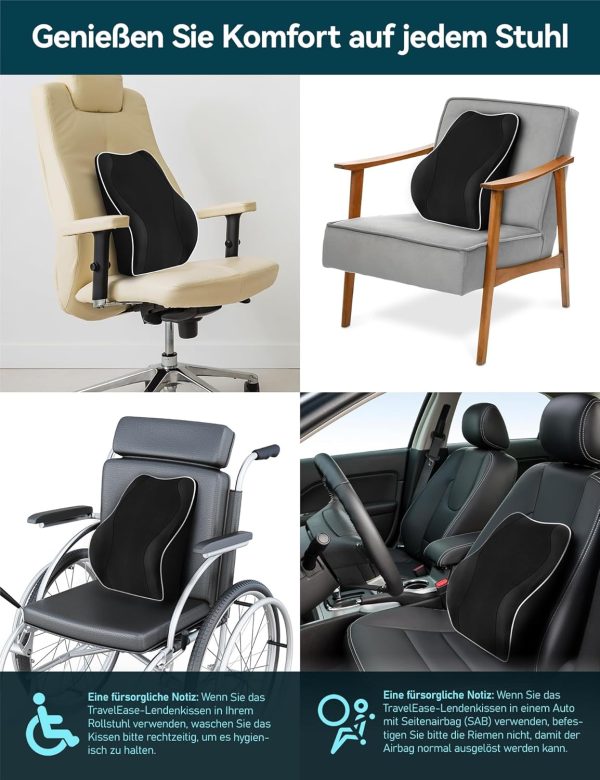 Travel Ease Ergonomisches RückenKissen aus Memory Foam, Lendenkissen für Bürostuhl, Schreibtischstuhl, mit Antistatischem, hautfreundlichem Bezug und für eine Bequeme Sitzhaltung (Schwarz) – Bild 8