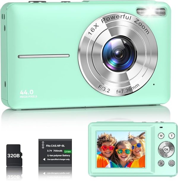 Digitalkamera 1080P Fotokamera 44MP Kamera Fotoapparat Tragbare Kompaktkamera mit 2,4" LCD Bildschirm, 16X Digitalzoom, 32G Micro Speicherkarte, 1 Akku für Kinder Teenager Student Anfänger-Schwarz – Bild 2