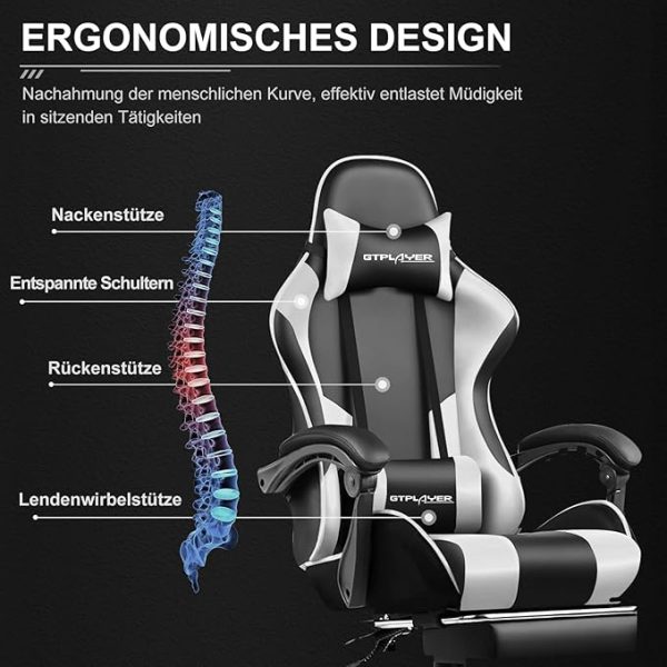 GTPLAYER Gaming Stuhl Bürostuhl Massage Gaming Sessel Ergonomischer Gamer Stuhl mit Fußstütze, Kopfstütze Massage-Lendenkissen, Gepolstert Gaming Chair, Drehsessel, weiß – Bild 9