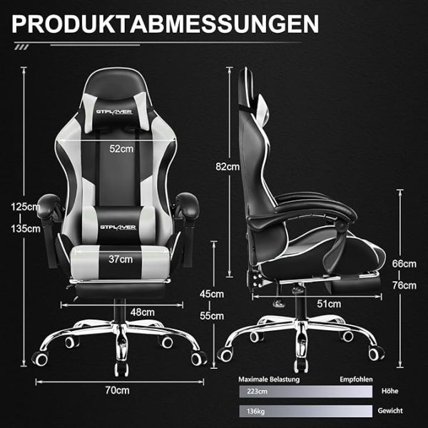 GTPLAYER Gaming Stuhl Bürostuhl Massage Gaming Sessel Ergonomischer Gamer Stuhl mit Fußstütze, Kopfstütze Massage-Lendenkissen, Gepolstert Gaming Chair, Drehsessel, weiß – Bild 11