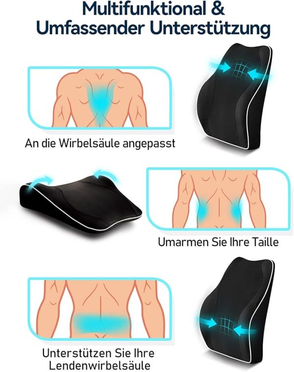 Travel Ease Ergonomisches RückenKissen aus Memory Foam, Lendenkissen für Bürostuhl, Schreibtischstuhl, mit Antistatischem, hautfreundlichem Bezug und für eine Bequeme Sitzhaltung (Schwarz) – Bild 9