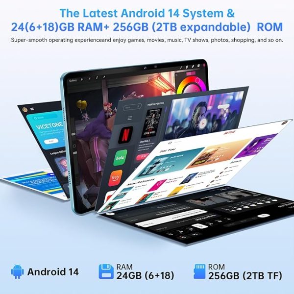 OUKITEL OT5S Tablet 12 Zoll - 2024 Neueste Android 14 Tablet 24GB RAM+256GB ROM(2TB TF) Gaming Tablet, 8250mAh, 2.4K IPS, 16MP+8MP Dual SIM Tablet PC 4G LTE/5G WiFi/GMS/GPS/Widevine L1,Blau – Bild 3