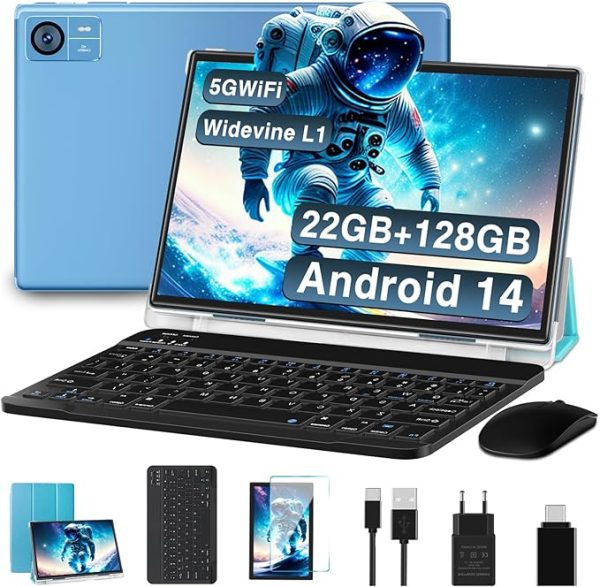 2025 Neueste Tablet 10.1 Zoll Android 14 Octa-Core 22GB RAM+128GB ROM 1TB TF, Widevine L1,5G+2.4G WiFi, GMS,BT 5.0, 8000mAh, 8MP+5MP,1280*800, Face ID, GPS,Type C, Tablet PC mit Tastatur, Maus-Blau – Bild 2
