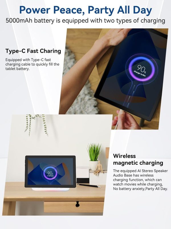 Whitedeer Tablet 10 Zoll Android 14 Octa-Core Tablet mit Ladedock Lautsprecher, 14GB RAM+64GB ROM, AI Cloud Album& 8 Typen von Weißem Rauschen, 1280x800 HD, 5MP+8MP Kamera, Wi-Fi 6&BT 5.3(Schwarz) – Bild 5