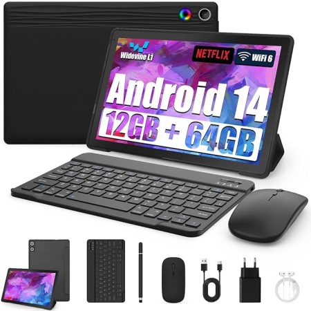 Tablet 10 Zoll 8-in-1 Kit Android 14 Tablet PC mit Hülle Tastatur Maus Stift Kopfhörer Netzstecker Kabel Octa-Core 12 GB RAM 64 GB ROM 1TB TF Erweiterbar 1280x800 IPS Touchscreen 5000 mAh (Schwarz)