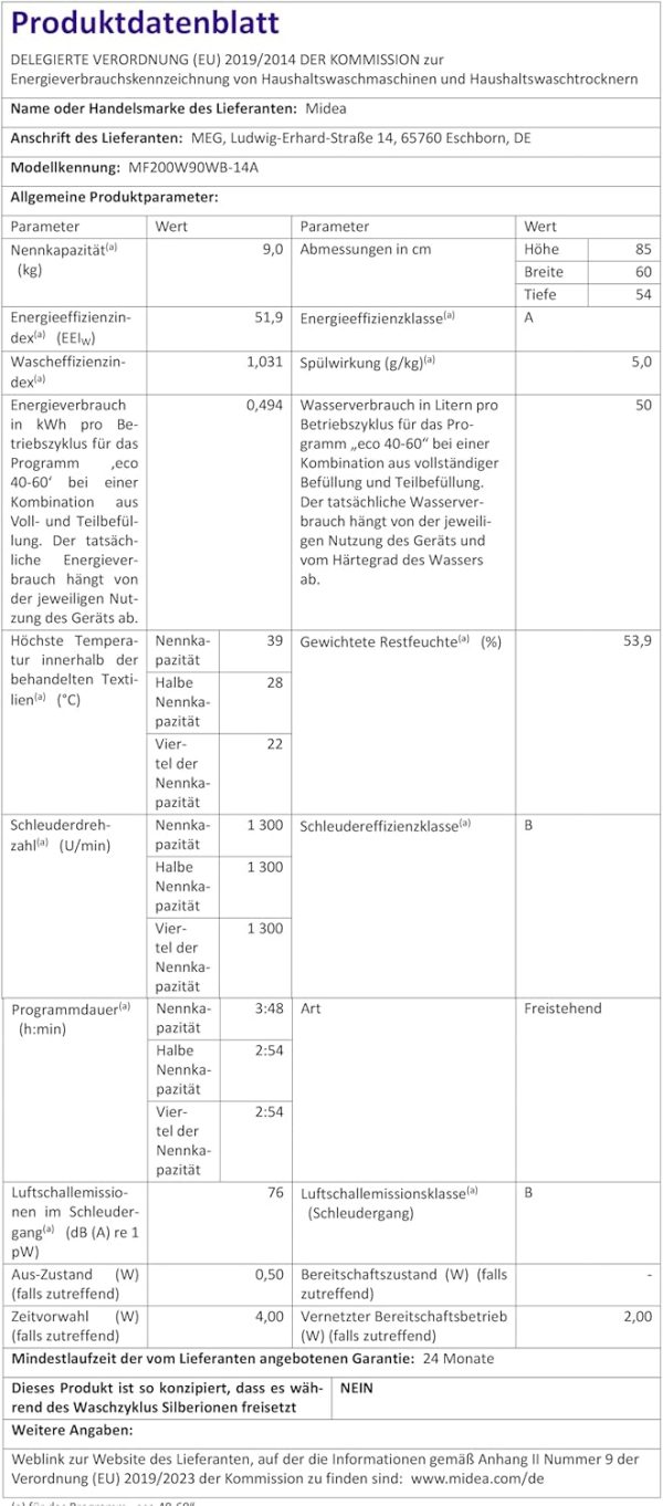 Waschmaschine/8KG /Energieeffizienzklasse A/Mengenautomatik/Steam Care/Nachlegefunktion / 1400 U/min/Zeitsparen - Turbo/nur 48 cm tief/APP-Steuerung, AquaStop, Weiß [Energieklasse A] – Bild 8