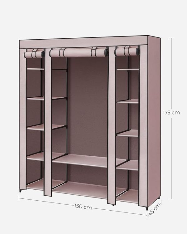 SONGMICS, Kleiderschrank aus Stoff, tragbar, für das Schlafzimmer, Kleiderständer mit Stoffabdeckung, 45 x 150 x 175 cm, 12 Fächer, Metallstruktur, Rosa (Puderrosa), LSF003P02 – Bild 9