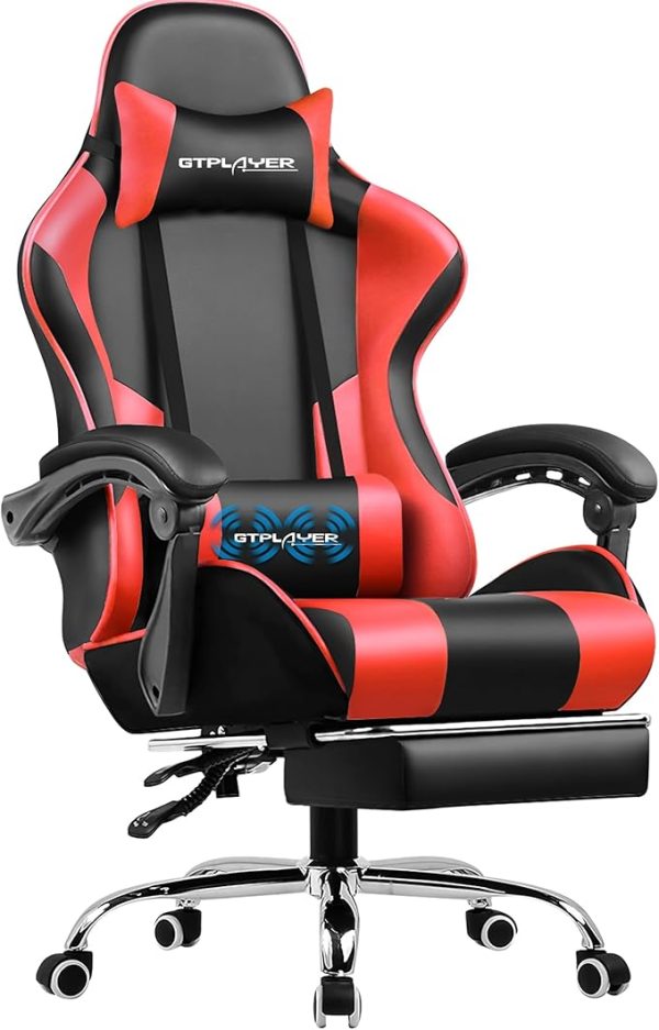 GTPLAYER Gaming Stuhl Bürostuhl Massage Gaming Sessel Ergonomischer Gamer Stuhl mit Fußstütze, Kopfstütze Massage-Lendenkissen, Gepolstert Gaming Chair, Drehsessel, weiß – Bild 4
