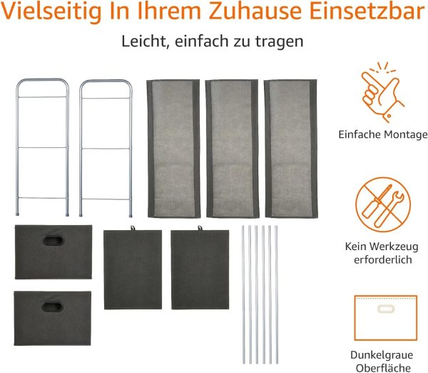 Amazon Basics Schrank-Organisationssystem mit DREI Regalböden aus Stoff und Zwei Zusammenschiebbaren Oben Offenen Behältern, 32.7" x 12.2" x 31", Grau – Bild 3
