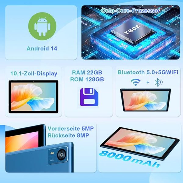 2025 Neueste Tablet 10.1 Zoll Android 14 Octa-Core 22GB RAM+128GB ROM 1TB TF, Widevine L1,5G+2.4G WiFi, GMS,BT 5.0, 8000mAh, 8MP+5MP,1280*800, Face ID, GPS,Type C, Tablet PC mit Tastatur, Maus-Blau – Bild 10