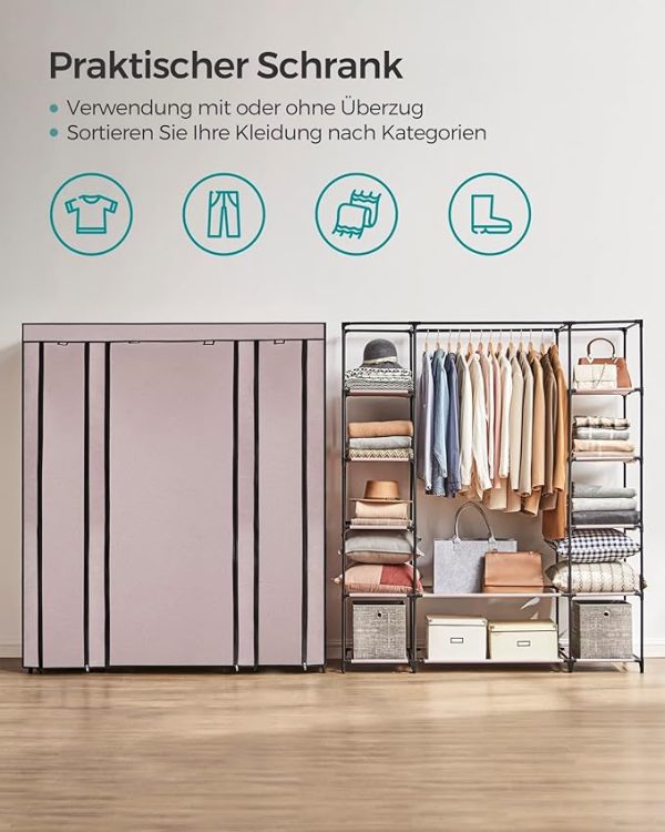 SONGMICS, Kleiderschrank aus Stoff, tragbar, für das Schlafzimmer, Kleiderständer mit Stoffabdeckung, 45 x 150 x 175 cm, 12 Fächer, Metallstruktur, Rosa (Puderrosa), LSF003P02 – Bild 10