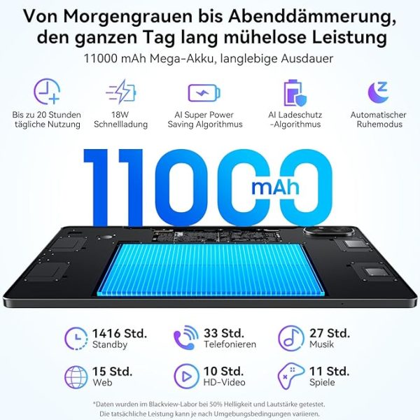 Blackview MEGA8 Android 15 Tablet 13" Zoll, 36GB RAM+512GB ROM Gaming Tablet LTE, 2K FHD Großes Display, Octa Core T620, 50MP+13MP Dual Camera, 11000mAh Akuu, 4G LTE+5G WLAN, WideVine L1, Face ID, GPS – Bild 6