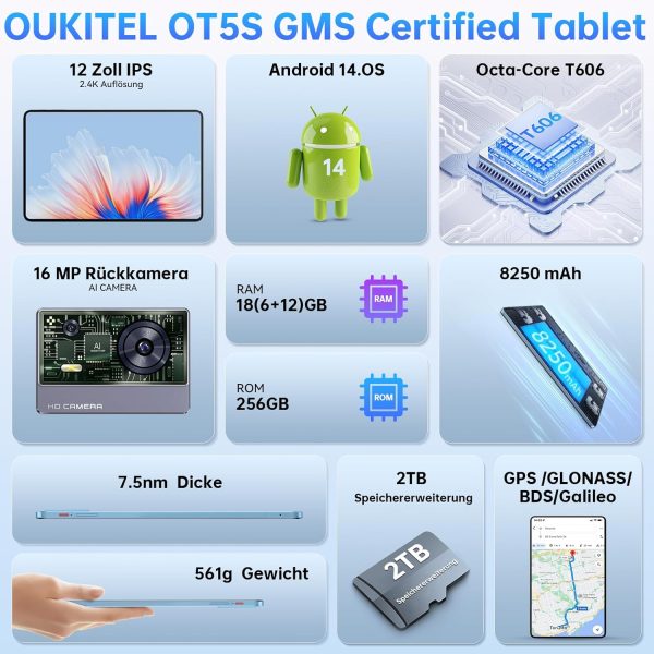 OUKITEL OT5S Tablet 12 Zoll - 2024 Neueste Android 14 Tablet 24GB RAM+256GB ROM(2TB TF) Gaming Tablet, 8250mAh, 2.4K IPS, 16MP+8MP Dual SIM Tablet PC 4G LTE/5G WiFi/GMS/GPS/Widevine L1,Blau – Bild 10