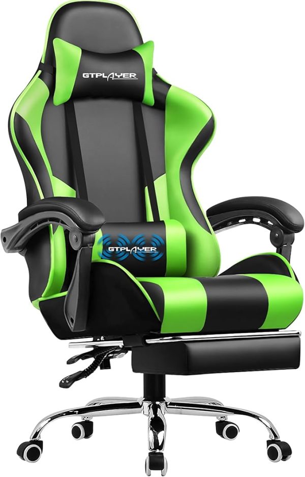 GTPLAYER Gaming Stuhl Bürostuhl Massage Gaming Sessel Ergonomischer Gamer Stuhl mit Fußstütze, Kopfstütze Massage-Lendenkissen, Gepolstert Gaming Chair, Drehsessel, weiß – Bild 3