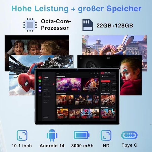 2025 Neueste Tablet 10.1 Zoll Android 14 Octa-Core 22GB RAM+128GB ROM 1TB TF, Widevine L1,5G+2.4G WiFi, GMS,BT 5.0, 8000mAh, 8MP+5MP,1280*800, Face ID, GPS,Type C, Tablet PC mit Tastatur, Maus-Blau – Bild 8