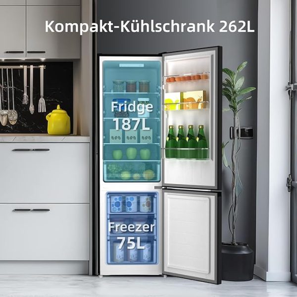 CHIQ CBM260LC Kühl/Gefrie Kombination 262L (187L Kühlbereich+75L XXL Gefrierfach) |87 kWh/Jahr, EEK C, Edelstahloptik, 39dB(A) |Wechselbartür, 4-Sterne Gefrierleistung, Schwarz [Energieklasse C] – Bild 5
