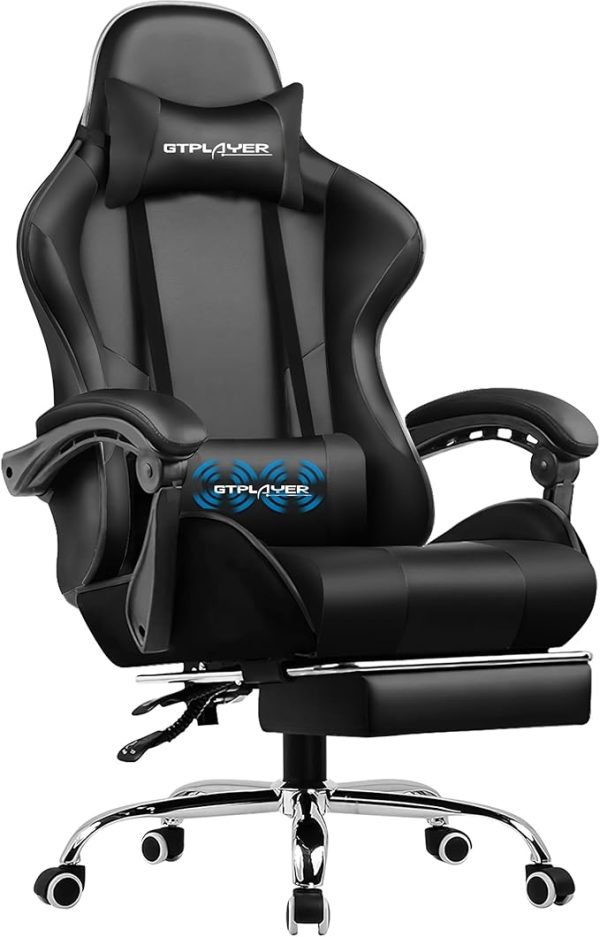 GTPLAYER Gaming Stuhl Bürostuhl Massage Gaming Sessel Ergonomischer Gamer Stuhl mit Fußstütze, Kopfstütze Massage-Lendenkissen, Gepolstert Gaming Chair, Drehsessel, weiß – Bild 7