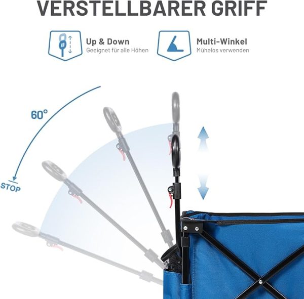 TIMBER RIDGE XXL Bollerwagen Faltbar Breite Reifen mit Bremse Strandwagen mit Seitentasche Getränkehalter Verstellbarem Griff Gartenwagen für Alle Gelände Draussen Einkaufen 100kg Belastbarkeit – Bild 7