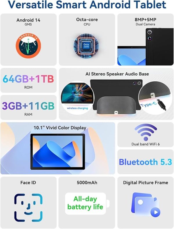 Whitedeer Tablet 10 Zoll Android 14 Octa-Core Tablet mit Ladedock Lautsprecher, 14GB RAM+64GB ROM, AI Cloud Album& 8 Typen von Weißem Rauschen, 1280x800 HD, 5MP+8MP Kamera, Wi-Fi 6&BT 5.3(Schwarz) – Bild 7