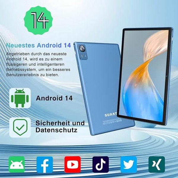 2025 Neueste Tablet 10.1 Zoll Android 14 Octa-Core 22GB RAM+128GB ROM 1TB TF, Widevine L1,5G+2.4G WiFi, GMS,BT 5.0, 8000mAh, 8MP+5MP,1280*800, Face ID, GPS,Type C, Tablet PC mit Tastatur, Maus-Blau – Bild 9
