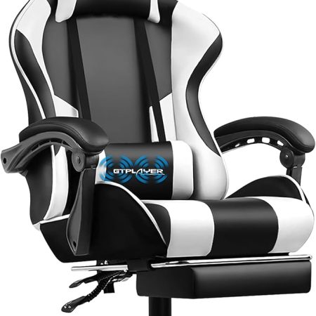 GTPLAYER Gaming Stuhl Bürostuhl Massage Gaming Sessel Ergonomischer Gamer Stuhl mit Fußstütze, Kopfstütze Massage-Lendenkissen, Gepolstert Gaming Chair, Drehsessel, weiß