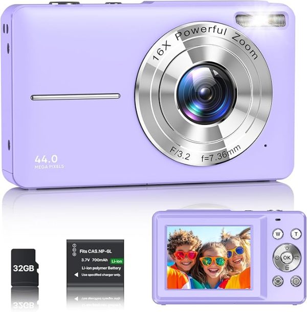 Digitalkamera 1080P Fotokamera 44MP Kamera Fotoapparat Tragbare Kompaktkamera mit 2,4" LCD Bildschirm, 16X Digitalzoom, 32G Micro Speicherkarte, 1 Akku für Kinder Teenager Student Anfänger-Schwarz – Bild 3