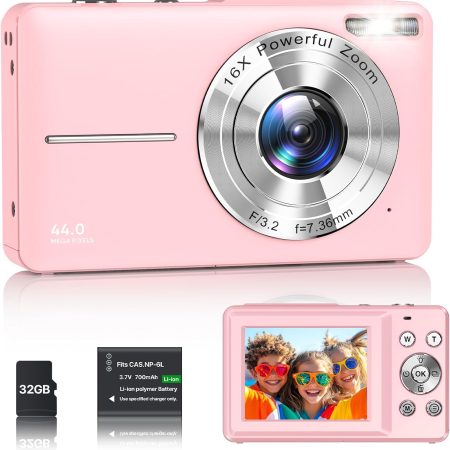 Digitalkamera 1080P Fotokamera 44MP Kamera Fotoapparat Tragbare Kompaktkamera mit 2,4" LCD Bildschirm, 16X Digitalzoom, 32G Micro Speicherkarte, 1 Akku für Kinder Teenager Student Anfänger-Schwarz